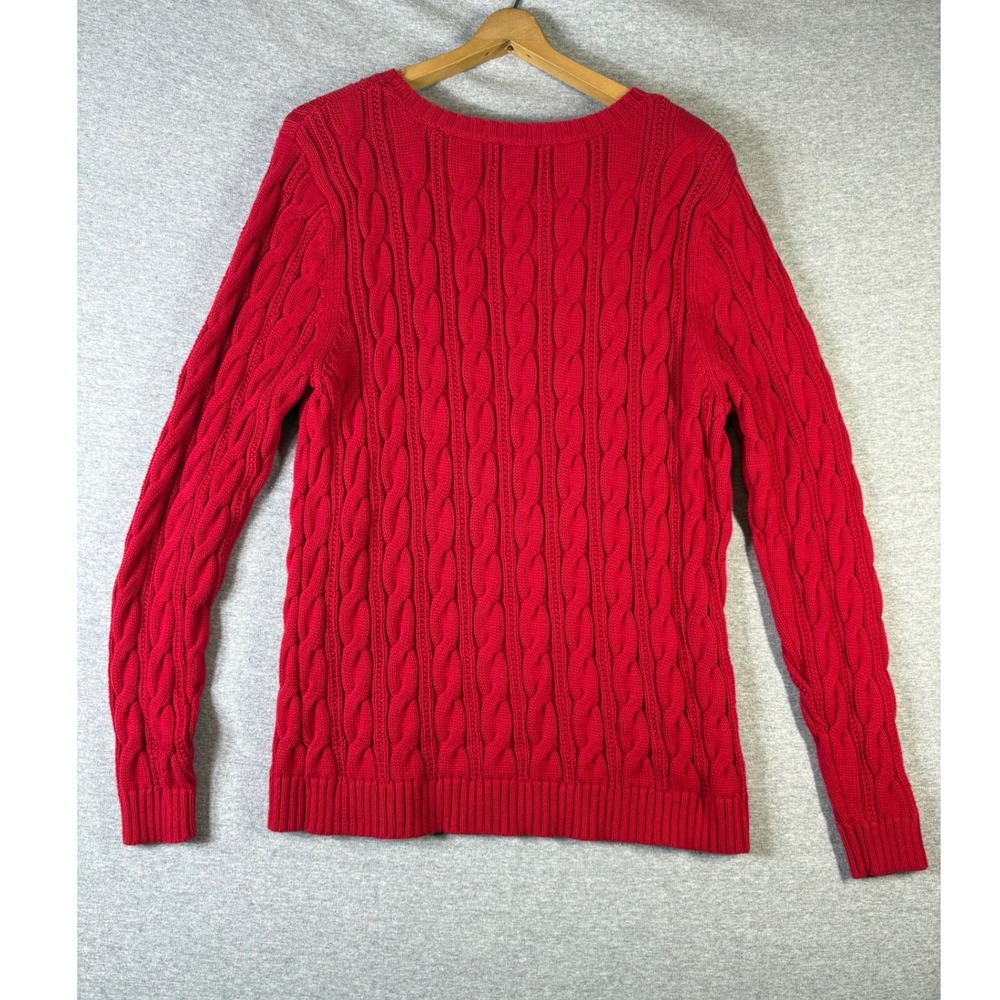 Lands End Drifter Red Cable Knit Preppy Fisherman Crew Neck Sweater Womens Large